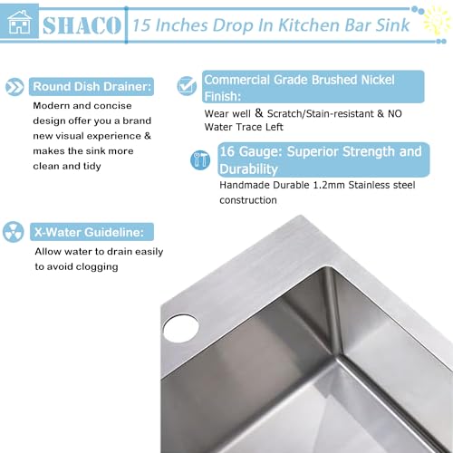 Image of SHACO 15x15 Inch Drop In Bar Sink,15 Inch Stainless Steel Top mount Small Single Bowl Kitchen Bar Sink,16 Gauge Brushed Nickel Small Kitchen Prep Sink with Strainer Drain