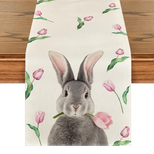 Artoid Mode Tulpe Hase Ostern Tischläufer, Waschbar Modern Frühling Küche Esstisch Dekoration für drinnen und draußen Urlaub Party Wohnzimmer Dekor 40 x 140 cm