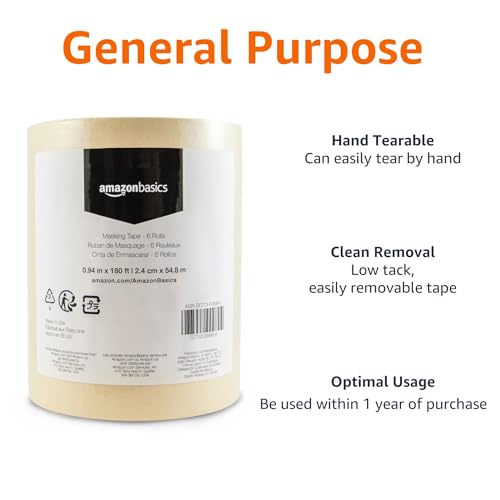 Image of Amazon Basics Masking Tape for Light Duty Applications, Labeling, Easy Removal, Tears by Hand, 0.94 inch x 180', Beige, 6 Rolls (Pack of 8)