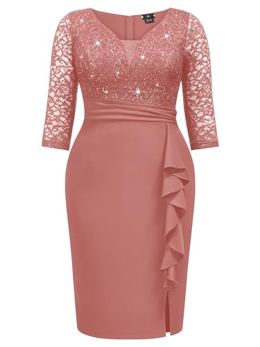 Image of MISSMAY Plus Size Lace Ruffle Cocktail Party Dress | Sequined Dress,V Neck,Ruffle Split Hem,Party Dress,Sparkle,Curvy Women,Bodycon Dress