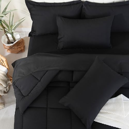DOWNCOOL Queen Comforter Set, 7Pcs Bedding Sets Queen Black, All Season Down Alternative Bed in a Bag Queen with Comforter, Flat Sheet, Fitted Sheet, 2 Pillow Shams & 2 Pillowcases
