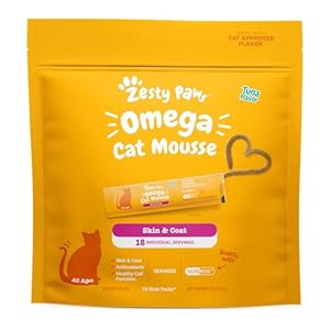 Zesty Paws Omega Cat Mousse Squeezable Cat Treats – with Seaweed, Omega Fatty Acids, Antioxidants Vitamins & Minerals – Skin & Coat Support for Cats – Tuna Fish Flavor – 18 Count