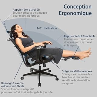 Rieior Chaise de Bureau Ergonomique Grand et Haut avec Repose-Pieds, Accoudoirs Réglables 5D, Support Lombaire, Dossier en Maille Inclinable, Siège Profondeur Réglable, Chaise Gamin, Noire