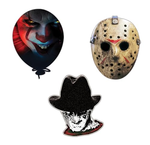 Image of Elektroplate Classic Horror Movie Characters Dynamic Car Decal Set of 3 | Officially Licensed Freddy, Jason & Pennywise; Weatherproof Automotive Grade Vinyl Sticker for Water Bottle, Laptop & More