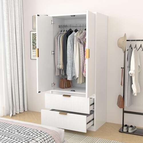 Wardrobeclosetwith2doorsand2drawers70clothingstoragecabinetswithhangingrodmodernwoodenarmoirewardrobeclosetwithgoldhandlesforbedroomarmoireslaundryroomwhite  Urban Country Home Decor Wardrobe closet with 2 doors and 2 drawers 70clothing storage cabinets with hanging rod modern wooden armoire wardrobe closet with gold handles for bedroom armoires laundry room white  urban country home decor