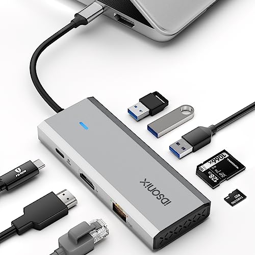 USB C Hub, iDsonix 8 in 1 USB C Docking Station Aluminium Multiport Adapte with HDMI 4K@60Hz, PD 100W, 1Gigabit Ethernet