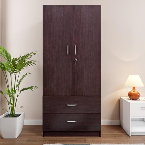 Image of VIKI Wardrobe | Tulum Wardrobe | Wooden Almirah for 2 Door Wardrobe with 2 Drawer & Hanging Space (Dark Wenge - 40D x 80W x 180.8H) | 1 Year Warranty | Free Assembly