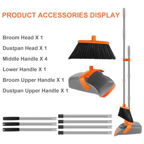 Image of Broom and Dustpan Set for Home,Standing Dustpan with 55 inch Long Handle, Orange Broom with Dustpan