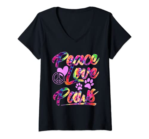 Donna PEACE LOVE AND PAWS CANE RESCUE CAT LOVERS T-SHIRT T-SHIRT T-SHIRT Maglietta con Collo a V