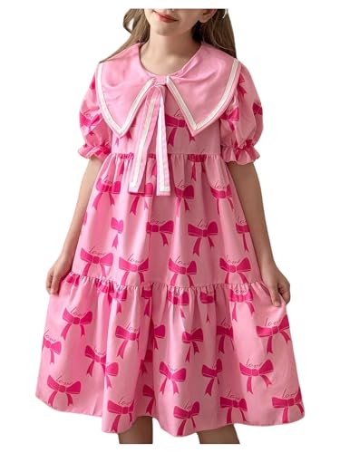 WDIRARA Girl's Bow Puff Sleeve A Line Midi Dress Cute Collared Ruffle Hem Swing Dresses