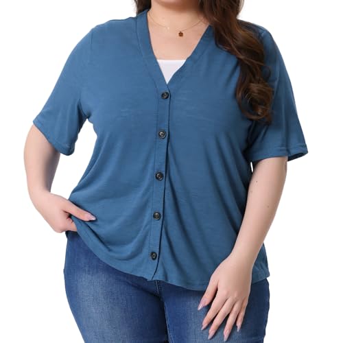 Image of Agnes Orinda Plus Size Cardigan for Women Button Down Sheer Round Neck Short Sleeve Knitted Sweater
