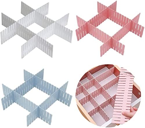 Saijer Grid Drawer Dividers,12 Pieces Adjustable Drawer Dividers DIY Plastic Drawer Organizer Grid Dividers Closet Separator Portable Tidy Storage Blue White Pink for Office Underwear Socks(37x7cm)