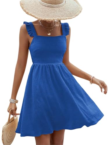 Image of SISKIN Women's Summer Spaghetti Strap Sleeveless Square Neck Ruffle A Line Swing Mini Dress 2025