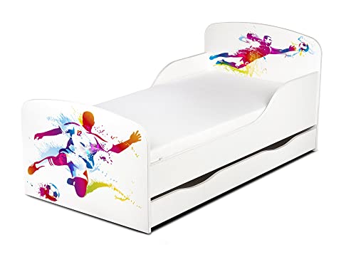 Leomark Moderne Lit d'enfant Toddler avec Matelas et Un tiroir Couleur Blanc Motif: Footballeur Football Meubles pour Enfants Confortable Fonctionnel Lit Simple Zone de Couchage 70/140 cm