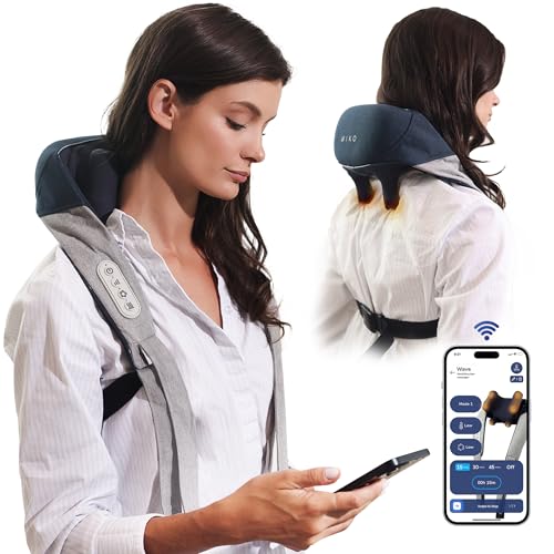 miko shiatsu neck massager with heat for deep tissue pain relief, premium app-controlled cordless massage, fits neck size 11-15 inches