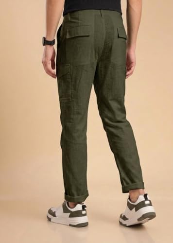 Image of Vogaan Men Cotton Linen Blend Cargo Pants | Mid Rise Regular Fit Casual Trousers | Multi Pocket Utility Bottom Wear | Comfortable Breathable Fabric Travel Outdoor Styling