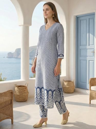 Image of INDO ERA Women's Pure Cotton Chevron Printed Straight Kurta & Pant Set | Kurta Set For Women