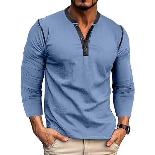 MakingDa Mens Henley Shirts Long Sleeve Button Vintage Solid Golf Regular Fit Grandad Shirt Casual Classic Soft Breathable Lightweight Workwear Gym Smart Tops Blue M