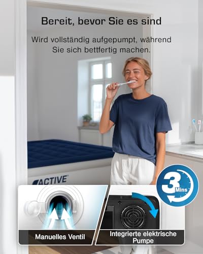 Active Era Luxus Luftbett 2 Personen, Luftmatratze selbstaufblasend mit eingebauter elektrischer Pumpe & integriertem Kissen, Aufblasbare Matratze für Camping & Gästebett - 203 x 152 x 56cm – Bild 5