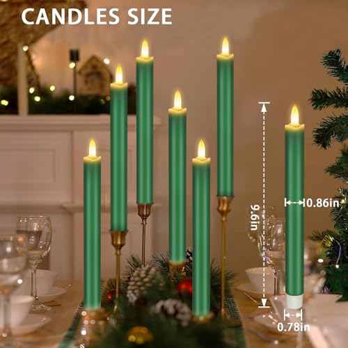 Image of Upgraded Real Wax LED Flameless Green Taper Candles with Remote, KSWING 6 PCS Candlesticks Battery Operated 3D Flickering - 9.6 inch Long Realistic Fake Candle Sticks for Home /Wedding /Fireplace Xmas Decor