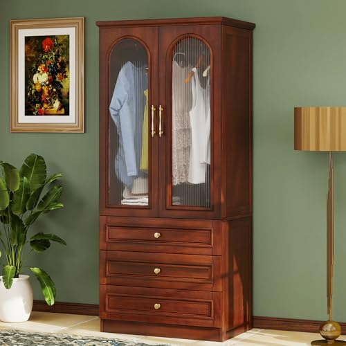 Solid Wood Wardrobe with Shelves and Drawers