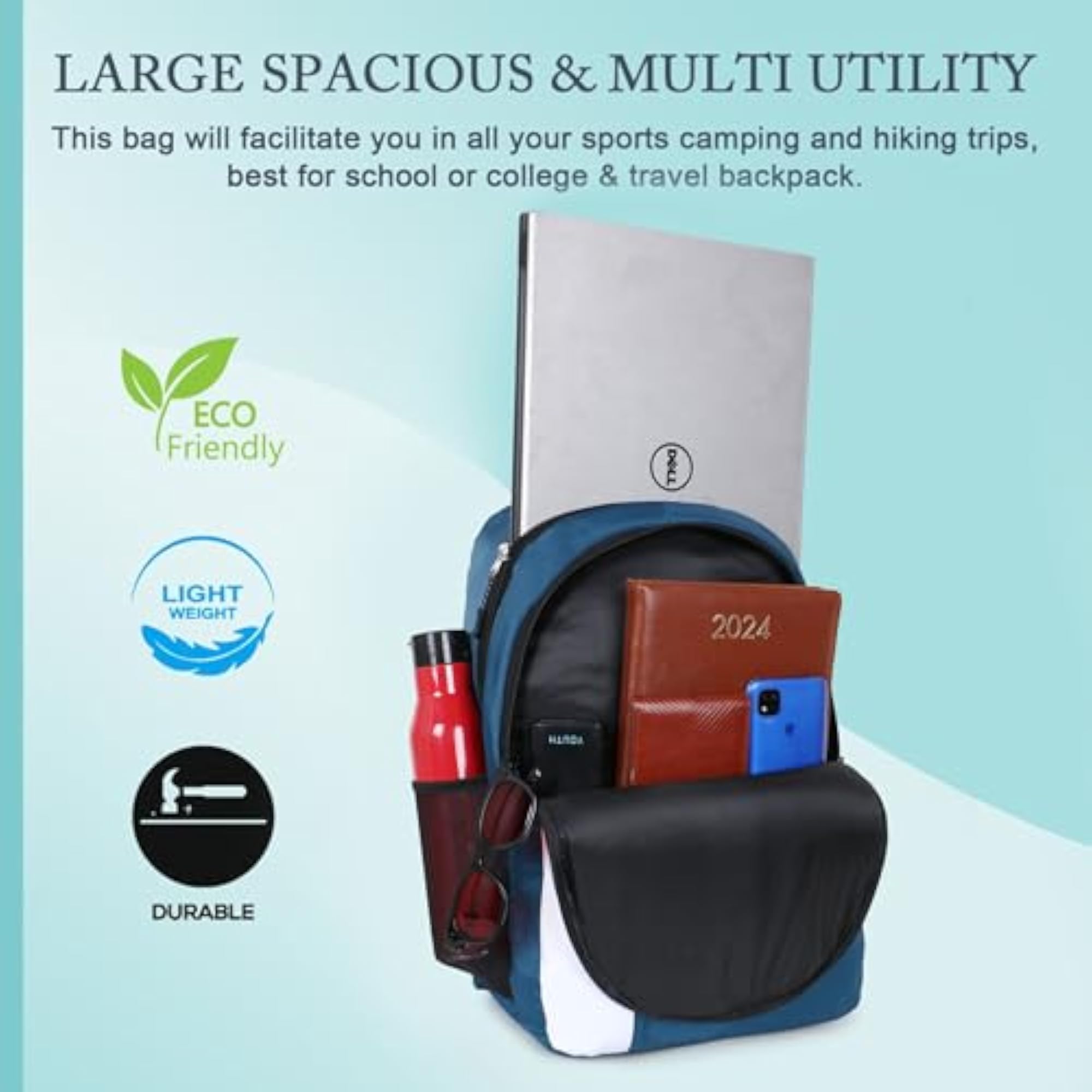 Lightweight Multi-Utility Blue and White Backpack for School & Travel