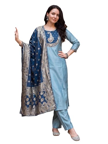 Image of INDO ERA Women's Viscose Self Design Straight Kurta with Pant & Dupatta Set