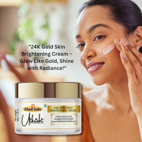 Image of Khadi India Utkrisht 24K Gold Skin Brightening Cream, Anti Aging Moisturizer with Hyaluronic Acid and Collagen, Firming Day and Night Cream for Women, 50g