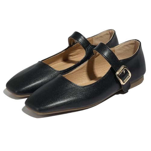 Betastella Womens Mary Jane Square Toe Ballet Flats Ankle Strap Low Heel Pumps Dress Shoes