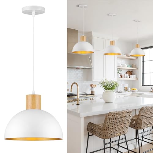 QianZhan White Pendant Light, 11.8' Wood Dome Pendant Lights Fixtures Adjustable Modern Hanging...