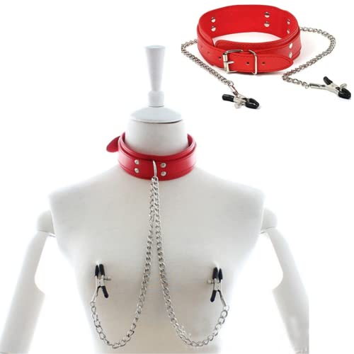 Coleira Com Correntes Harness e Prendedor de Mamilos Couro Vermelho