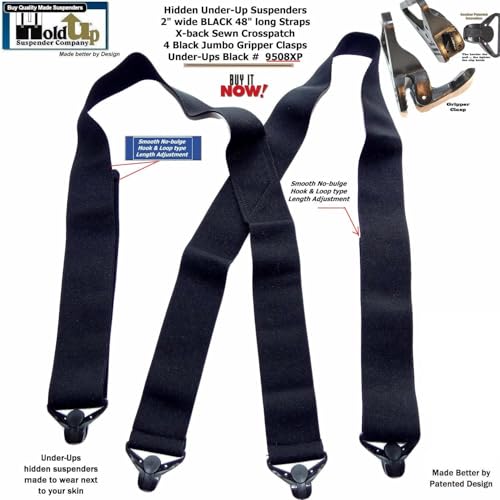 Holdup Traditional X Back Style 2\" Under-Ups Black Suspenders for Men with the \"No-Buzz\" Composite Gripper Clasps