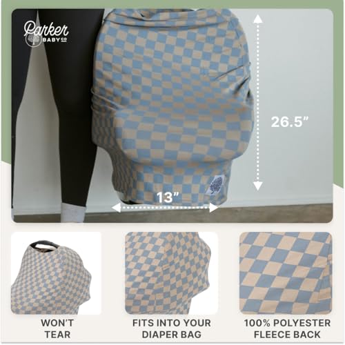 Image of Parker Baby 4 in 1 Car Seat Cover for Girls and Boys - Stretchy Carseat Canopy, Nursing Cover, Grocery Cart Cover, High Chair Cover - inchStormy Blue Checker inch