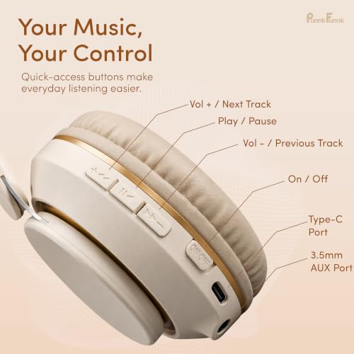 Image of PunnkFunnk FusionBeat Wireless Bluetooth Headphones with BT 5.3, Noise Cancelling, Hi-Res Audio, 40mm Drivers, Deep Bass, Memory Foam Ear Cushions, Over-Ear Headset, Teens & Adults (Beige)