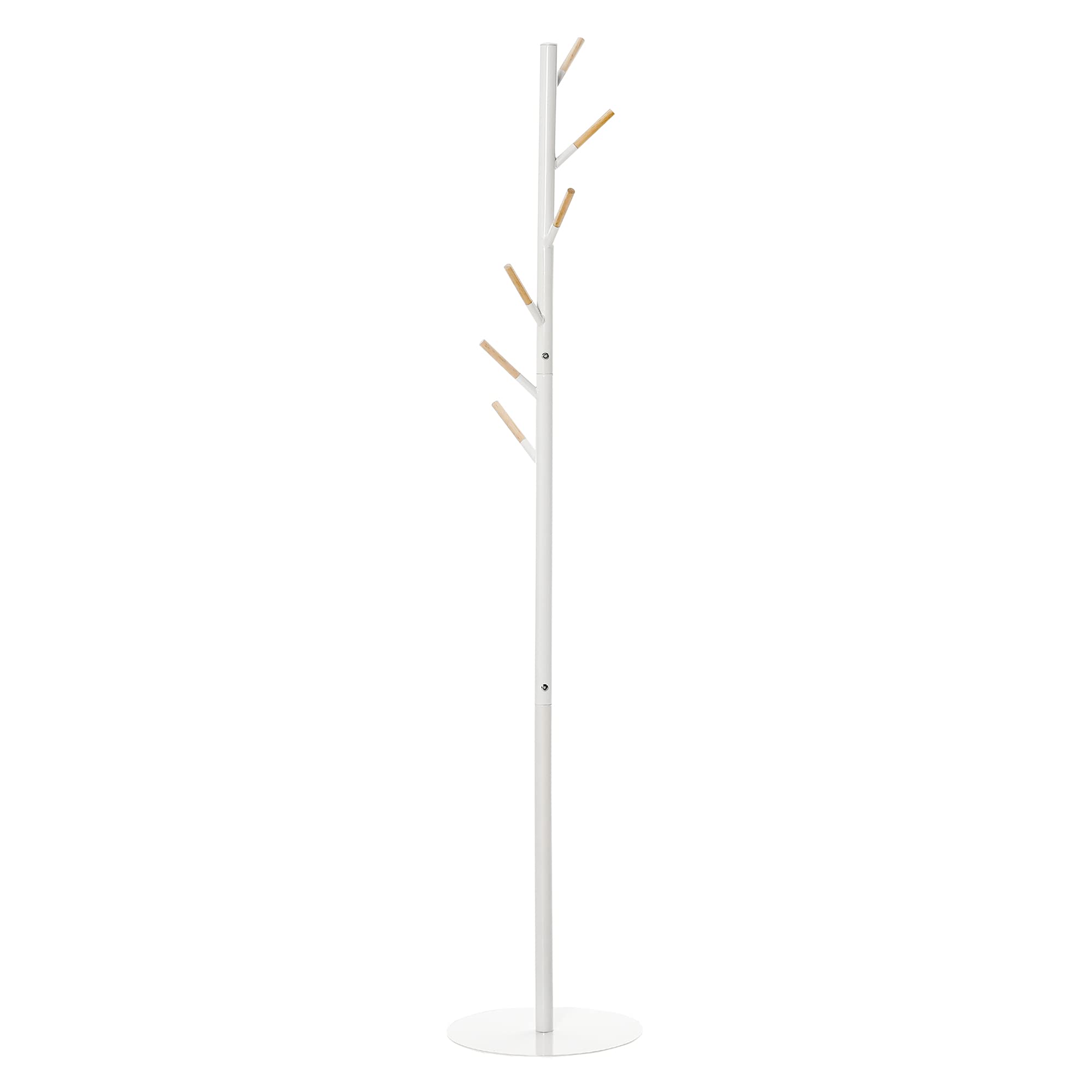 HOMCOM Perchero de Pie con 6 Ganchos de Madera Perchero de Árbol para Ropas, Bolsas y Bufandas, Marco Metálico para Dormitorio, Salón o Entrada 35x35x174 cm Blanco