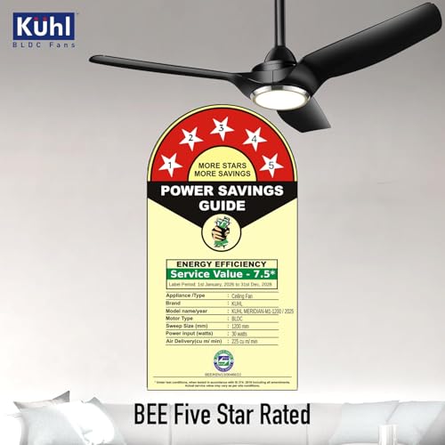 Image of KUHL Meridian M1 1200MM 65% Power Saving BLDC Ceiling Fan With Remote | BEE 5 Star Rated & ISI Marked | High Air Flow | Down Light & Reverse Mode | 5 Year Warranty on Motor | Free Installation |Black