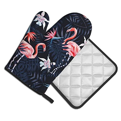 Jungle Pink Flamingo Oven Mitt Pot Holder Set Heat Soft Resistant Non-Slip Durable For Kitchen Baking Cooking Grilling #TOP9