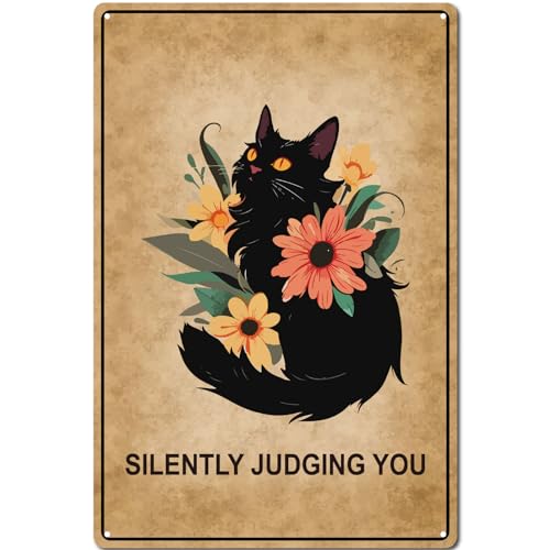 CREATCABIN Targa in Metallo con Fiori, Targa in Metallo da Giardino, Poster in Metallo, Design Gatto Nero, Targhe Vintage, Galleria da Parete, Targa in Metallo retrò, Stampa Artistica Decor 30x20cm