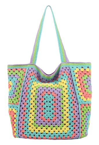 Image of Knitted Shouder Bags for Women Crochet Handbag Colorful Summer Totes Oversized Woven Top Handle Purse