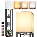 Floor Lamp with Shelves for Living Room, Shelf Floor Lamp with 3 CCT LED Bulb, Corner Display Standing Column Lamp Etagere Organizer Tower Nightstand with White Linen Shade for Bedroom, Office