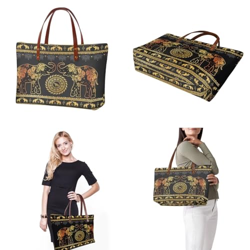 Image of Boho Elephant Top Handle Purse With Wallet for Women, Large Tote Bag Satchel With PU Cosmetic Case, Lightweight Handbag Set for Working, Shopping, Travel, Gold and Black