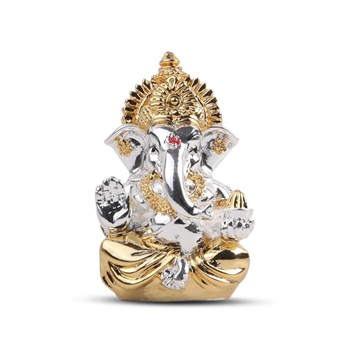 Meezo Hindu Lord Ganesha Idol Statue 999 Silver Plated - 2.8-Inch Small Ganesh, Indian God Home Mandir Murti, Pooja, Office Desk, Car Decor | Diwali, Wedding & Return Gifts (2.8"(INCH))