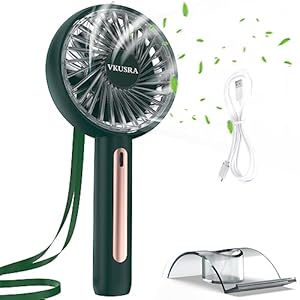 VKUSRA Handheld Fan Travel Fan with 4 Speeds & Built-in Rechargeable Battery, Powerful USB Desk Fan with Cellphone Stand & Adjustable Angle for Office School Home Outdoor