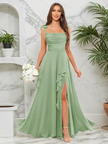 Spaghetti Straps Bridesmaid Dresses for Wedding A-Line Cowl Neck Ruffles Bow Tie Formal Evening Gown with Slit4