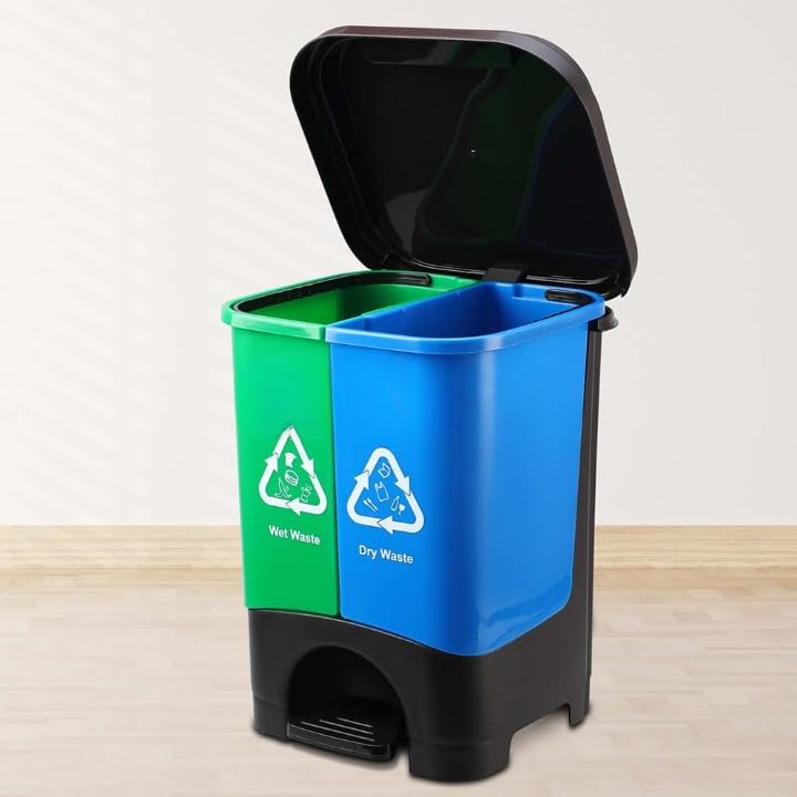 Image of Twin Bin Dustbin Dry & Wet Waste Pedal Dustbins / 2 In 1 Dustbin Trash Can /Plastic Garbage Bins with Lid for Home Kitchen - Blue & Green Colour (Large - 33Ltr)