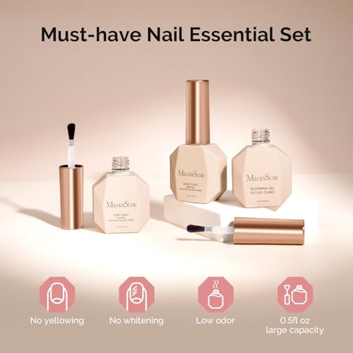 Image of MelodySusie Top Coat Blooming Gel Base Coat No Wipe Glossy Set Long Lasting Shine Finish Soak Off UV LED Nail Lamp Nail Art Design Manicure Kit Perfect Gifts for Women Girls 3 Pcs 15ml Clear