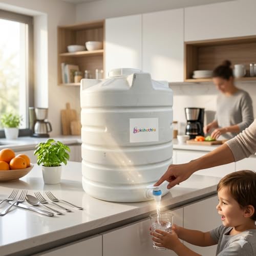 Image of NAKSHATHRA Water Dispenser with Tap, Plastic Water Storage Drum, Open Top with Lid, Ideal for Home, Kitchen & Office, Food Grade HDPE Material, UV-Stabilized - 50 litres (White)
