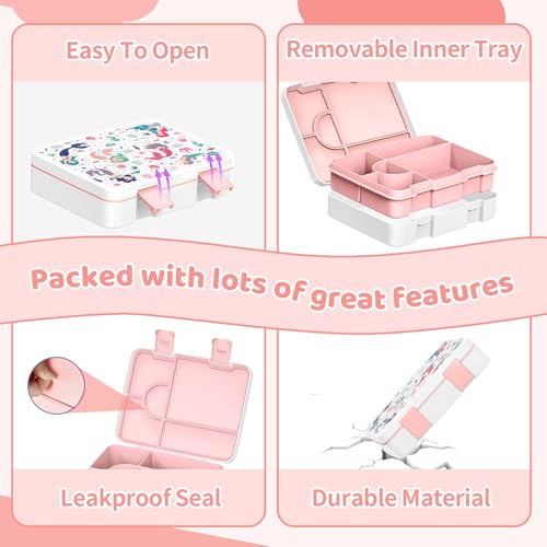 Image of Bento Lunch Box for Kids, Leak-Proof 5-Compartment Cute Lunchbox for Boys Girls, Drop-Proof, Food Container Microwave & Dishwasher Safe, Back to School Supplies for Ages 3 to 7, White /Mermaid
