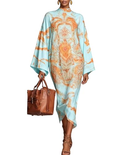 TIAFORD Womens Light Blue Orange Abstract Print Long Sleeve Midi Dress Mock Neck Dresses
