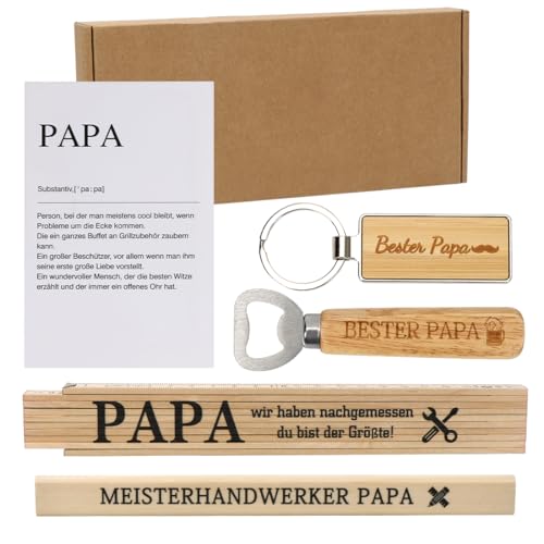 Meleager Papa, Geschenk Papa, Geschenk Geburtstag, Handwerker Männergeschenk mit Flaschenöffner, Zollstock, Schlüsselanhänger, Karte, zu Weihnachten, Geburtstagen, Vatertag